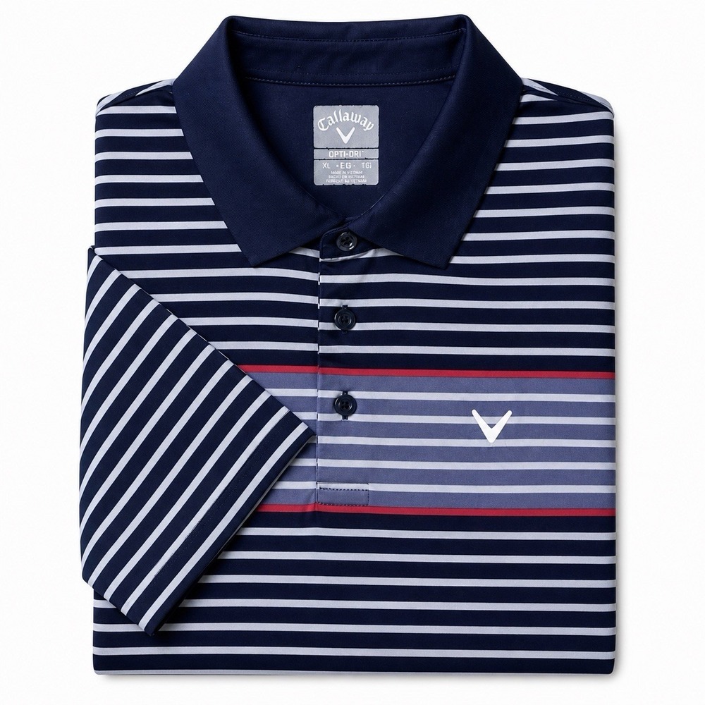 Callaway Men's XL Blue Striped Active Golf Polo Opti-Dri Short Sleeve Athletic